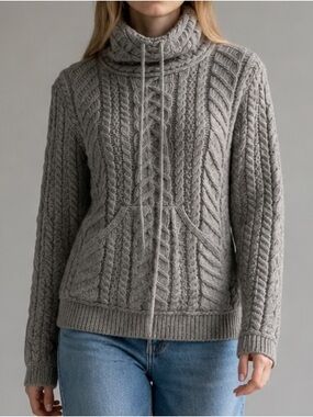 Aran Mor 100% Merino Wool Cable Knit Cowl Sweater In Grey | Size M